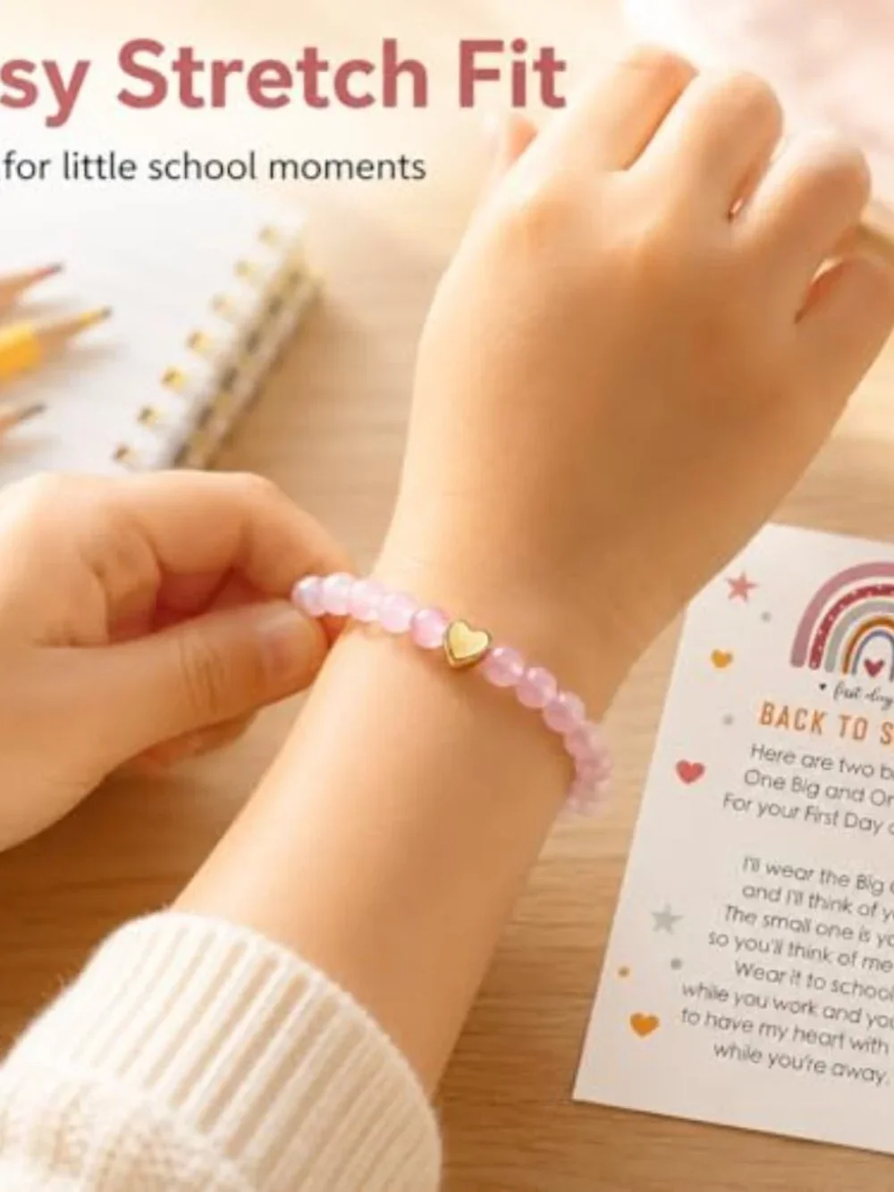 Mommy and Me Elastic Stretch Bracelet Set Glass Beads Heart Charm Back to School